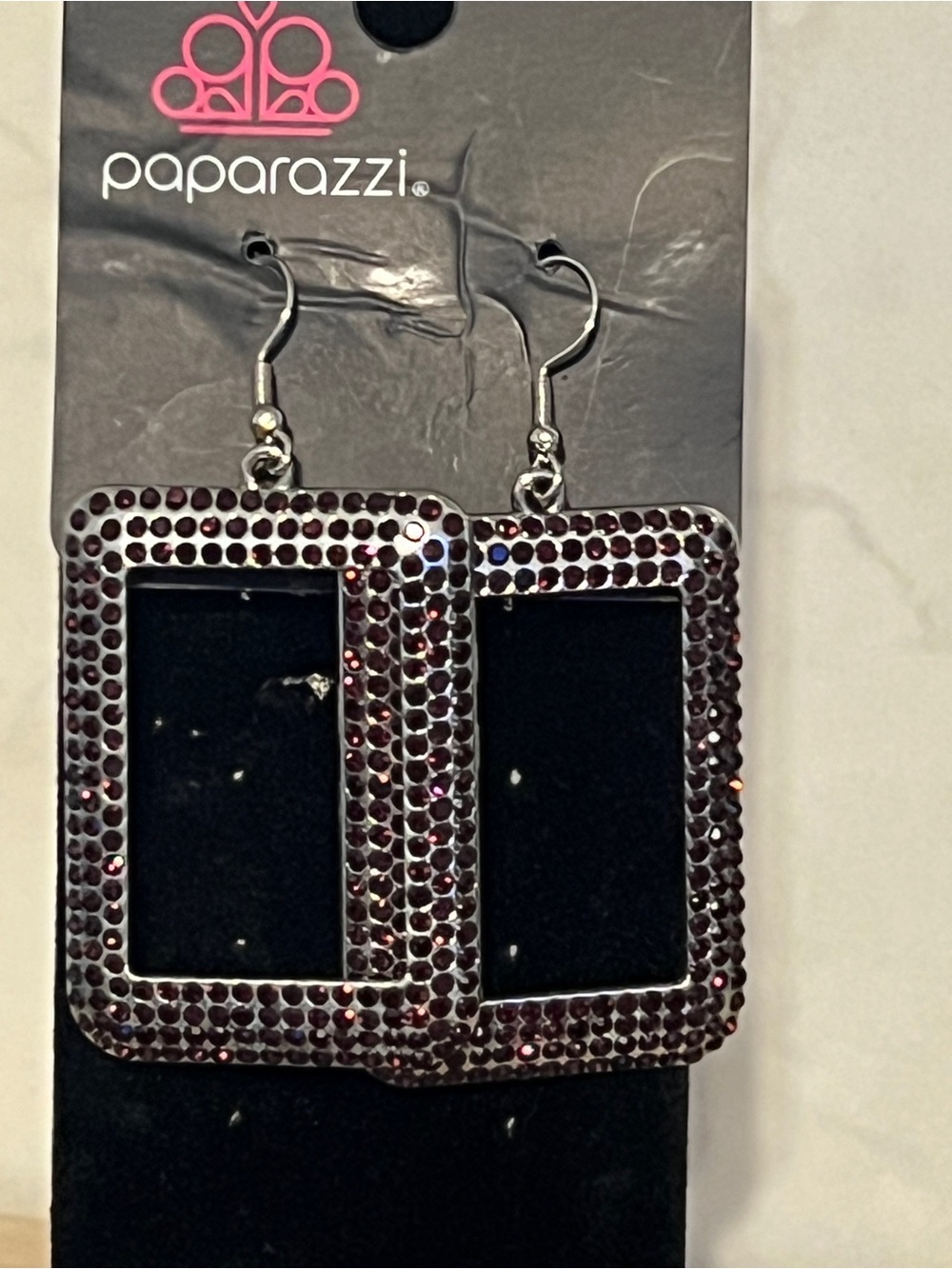 Paparazzi Purple Crystal Rectangle Drop Earrings